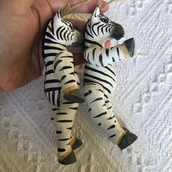 Vintage Wooden Zebra Ornaments Set Of 2 Jointed Hand-Painted 5.75" Folk Art 90s - Picture 9 of 11
